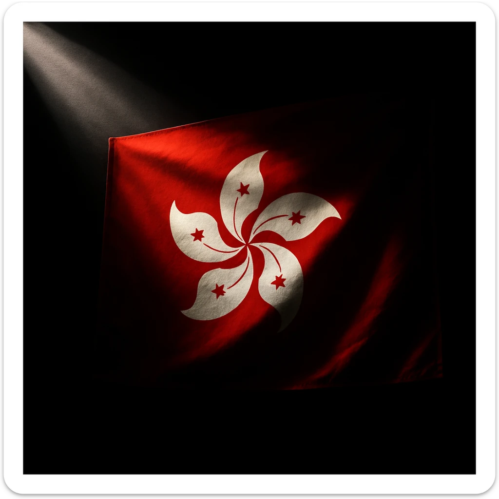 the flag of Hong Kong on a black background, with a ray of light shining over it, dramatic lighting, high contrast sticker