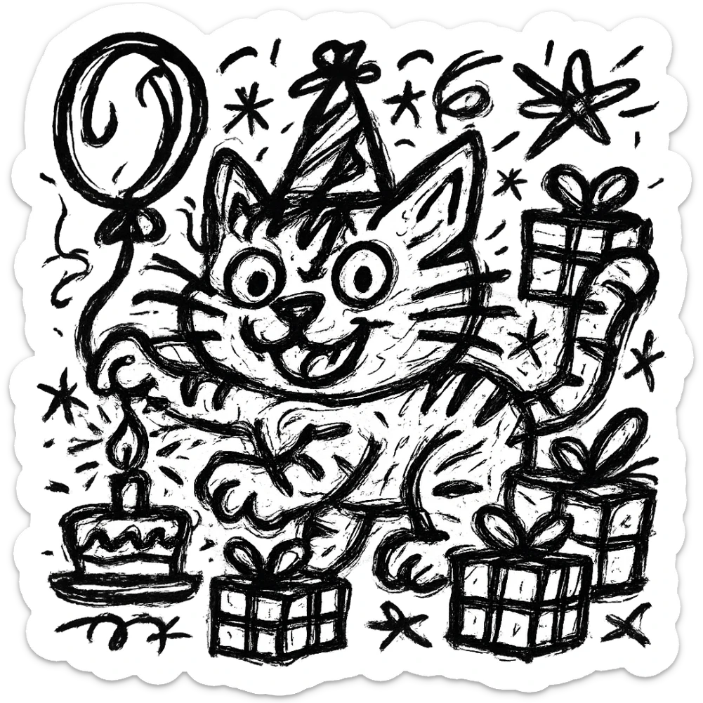 Add more gifts around the kitten, keeping the chaotic outlined style and all original elements intact sticker