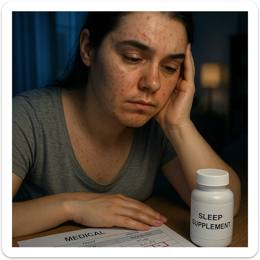 hyperrealistic 4K detailed image of a woman with PCOS and high cortisol, face with acne, chin hair, thin hair, exhausted expression, sleep supplements on the table, medical report with cortisol values highlighted in red, nighttime home environment, blue light sticker
