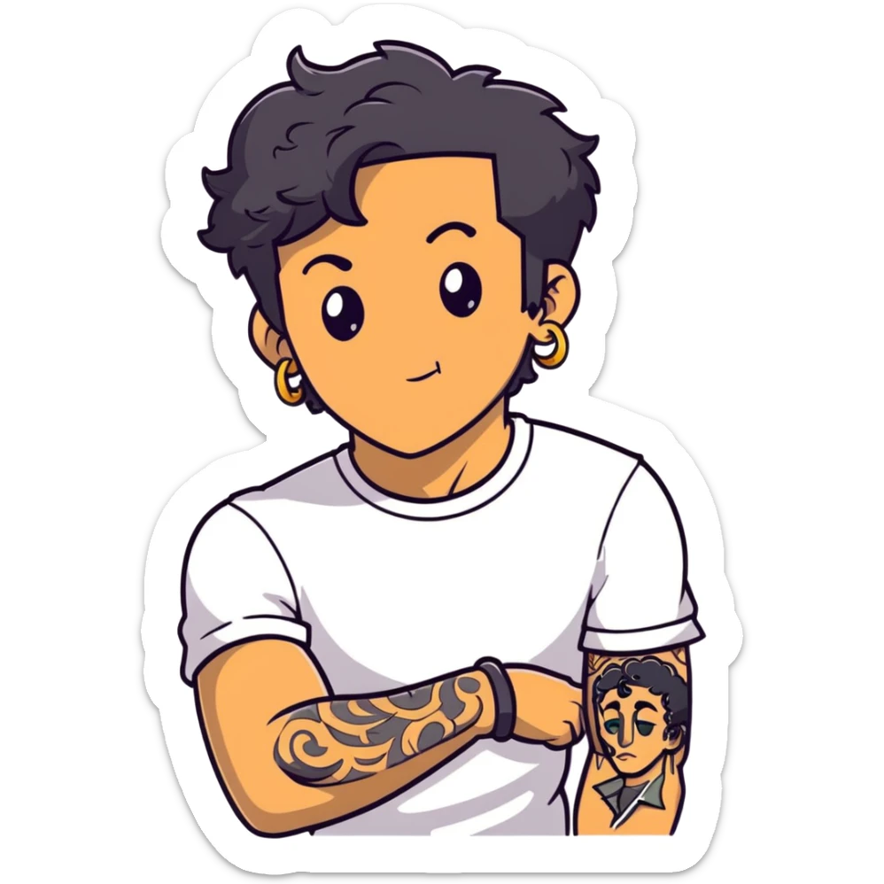 Italian man with tanned skin, curly black hair in short bob style, stubble, olive eyes, gold earring in left ear, white t-shirt, black tattoo on forearm, smoking cigarette sticker