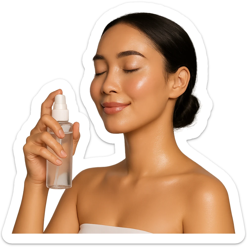 girl holding a face mist bottle, glowing skin, simple background, skincare vibe, beauty sticker