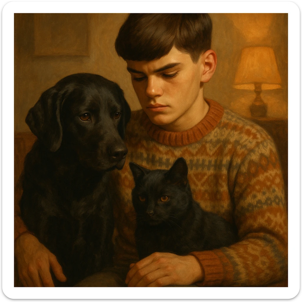 A kid with a chiseled jawline, brown eyes, and flat brown hair facing down, wearing a vintage sweater, sitting with a black dog and a black cat. sticker
