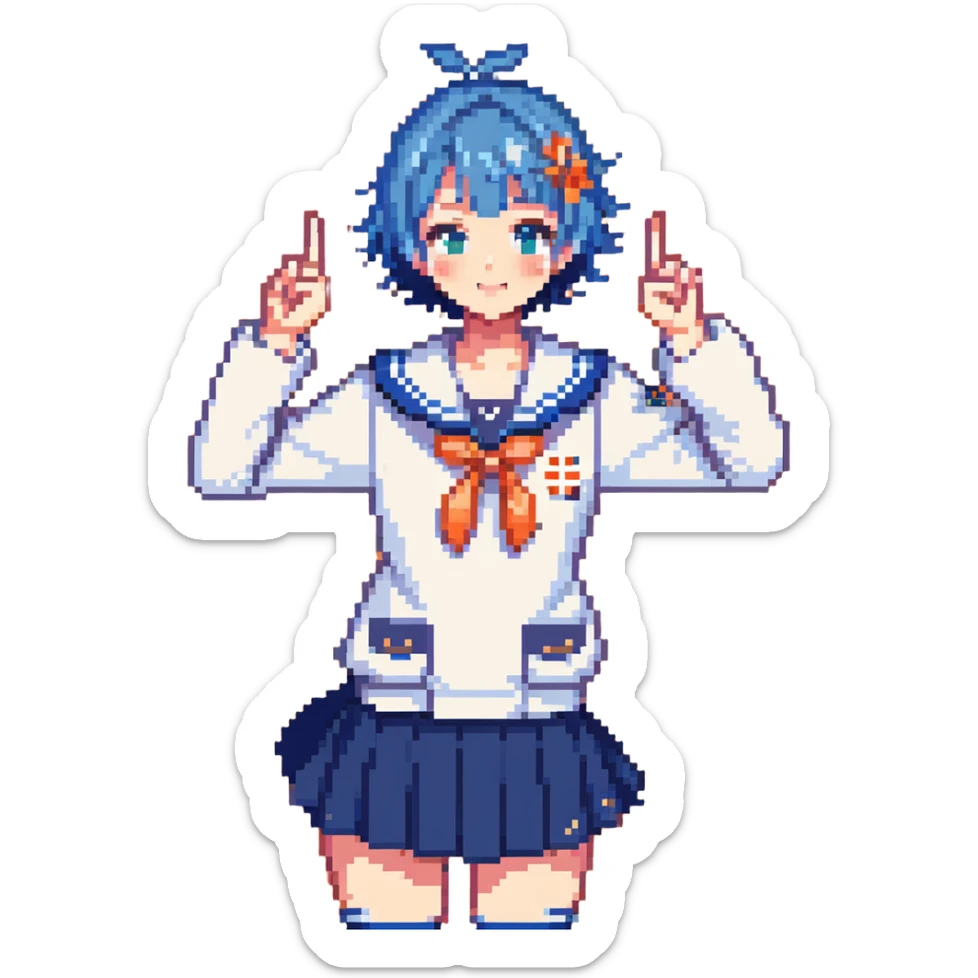 Pixel art energetic anime girl with short blue hair wearing Japanese sailor style school uniform, striking a victory pose, very cheerful sticker