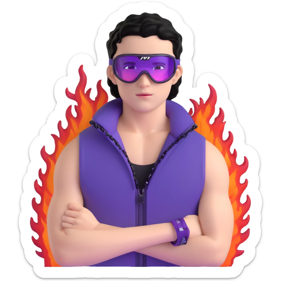 male athlete with white skin and moderately curly black hair on top with shaved sides, wearing ski goggles with purple frames and very dark black lenses, a simple plain black chain necklace, and a completely unzipped sleeveless vest with purple and black sequin fire pattern design with no logo or brand emblem, fully revealing his chest, shoulders and arms, no earrings sticker