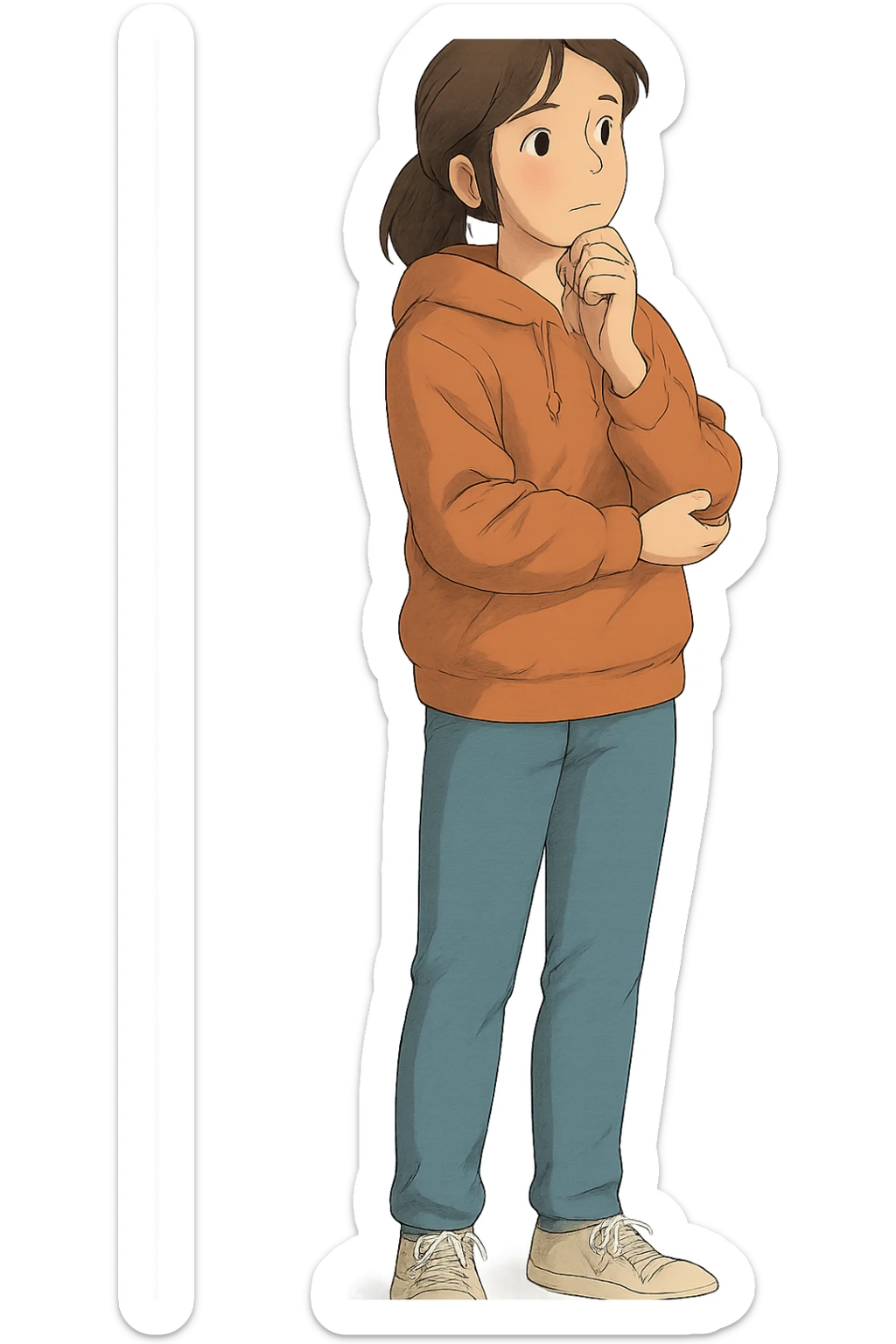 A full body image of a modern calm female teenager in a hoodie and jeans thinking sticker