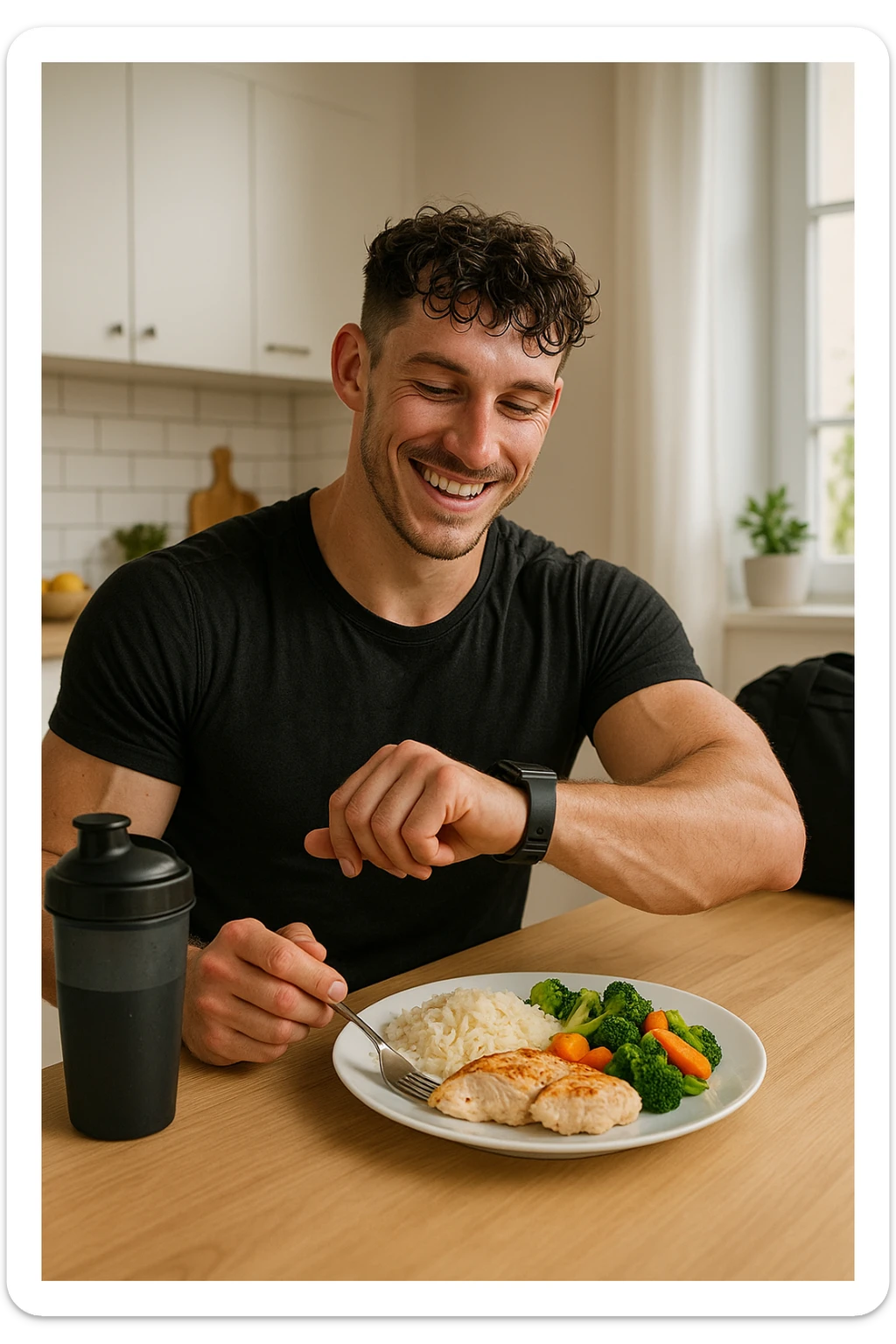 a fit man in his 30s, still in gym clothes and slightly sweaty, sits at a kitchen table right after a workout. In front of him is a balanced meal with a generous portion of rice, pasta, or potatoes, along with lean protein and vegetables. He checks his watch or a fitness app, smiling with satisfaction as he times his post-workout meal. The background is a bright, modern kitchen, with a shaker bottle and gym bag visible. in italiano sticker