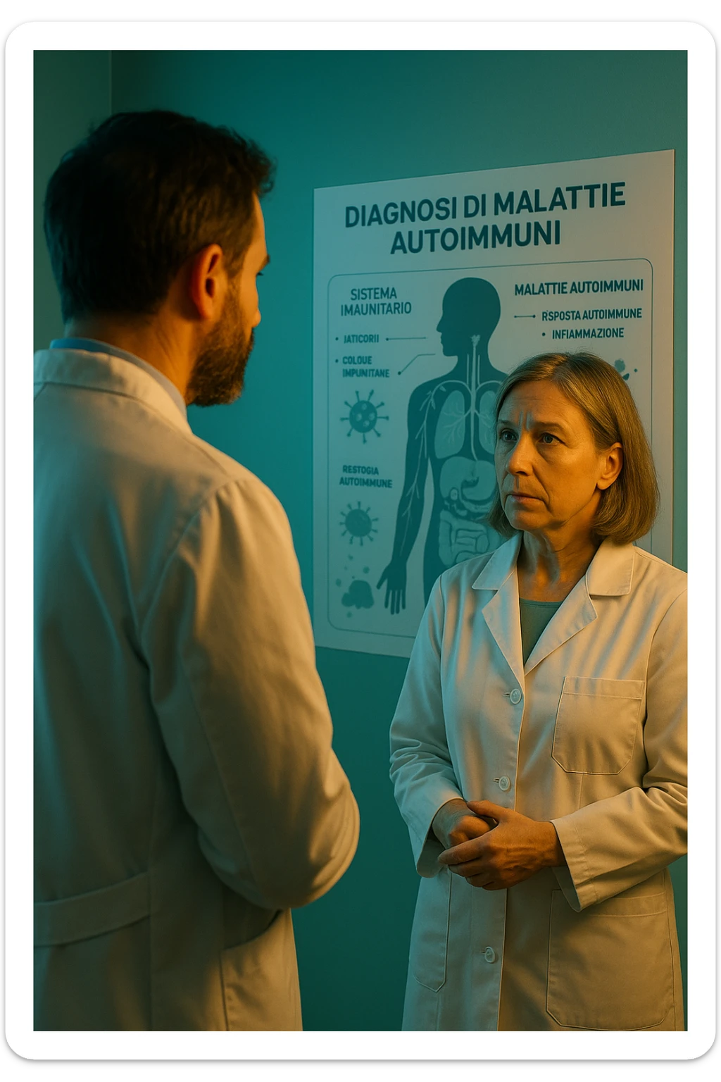 Foto tutta in italiano Realistic, detailed photo taken from behind of one doctor e un paziente —a bearded man and a middle-aged woman—standing and facing each other as they discuss an autoimmune disease diagnosis in front of a medical chart that displays information about the immune system and autoimmune conditions. The scene is illuminated by a yellowish, orange, warm light that softly envelops the doctors. The entire room is bathed in a single green-blue color, creating a cohesive and modern atmosphere. Both doctors wear white coats, and their body language suggests a serious, professional conversation about the complexities of autoimmune diseases. Shot with a Canon EOS R5, with high detail and natural depth of field. scritto in italiano sticker
