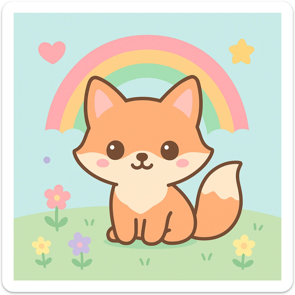 Add a pastel outdoor background, like a soft meadow with flowers, to the cute fox with a rainbow in kawaii style. sticker