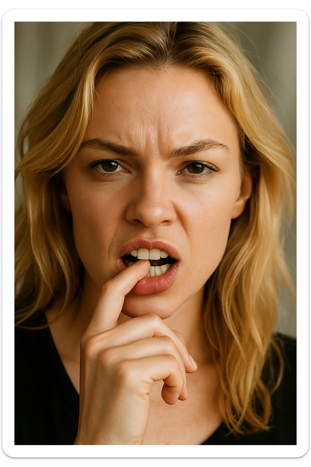 close-up portrait of a blonde woman biting her finger boldly, expressive, confident sticker