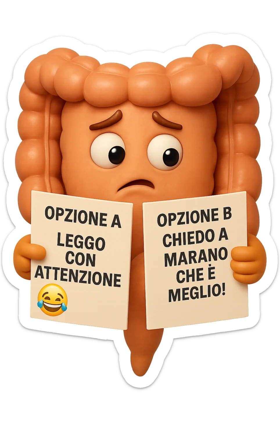 SU QUESTO STILE FAI UN EMOJI STILE IPHONE 3D DI UN INTESTINO CHE HA nella mano destra "OPZIONE A: LEGGO CON ATTENZIONE" E NELLA MANO SINISTRA" OPZIONE B: CHIEDO A MARANO CHE è MEGLIO! (METTICI UNO SMILE CON RISATE QUI)", FAGLI UN ESPRESSIONE CONFUSA MENTRE GUARDA L'OPZIONE A E FALLO MOLTO REALISTICO IN 3D sticker