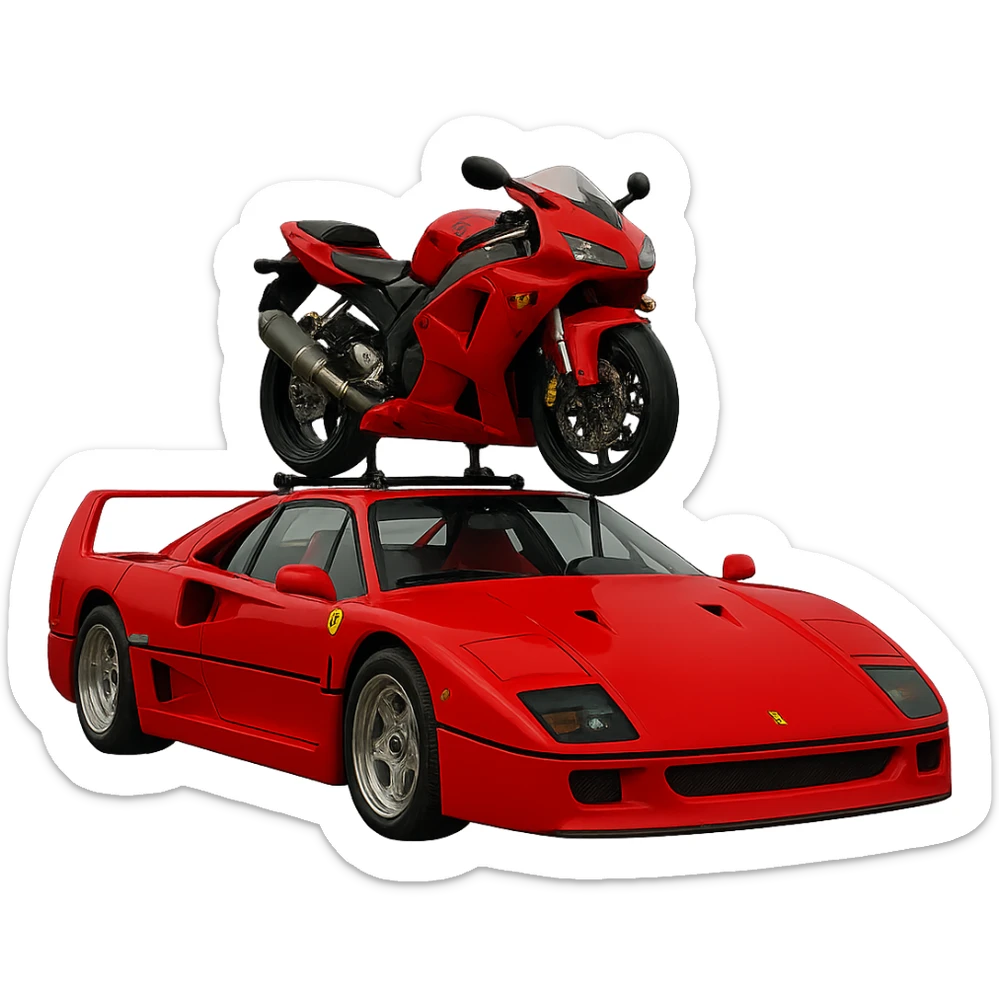 Add visible supports holding up the red motorcycle on the roof of the realistic F40. The background should be transparent, isolating the subject clearly. sticker