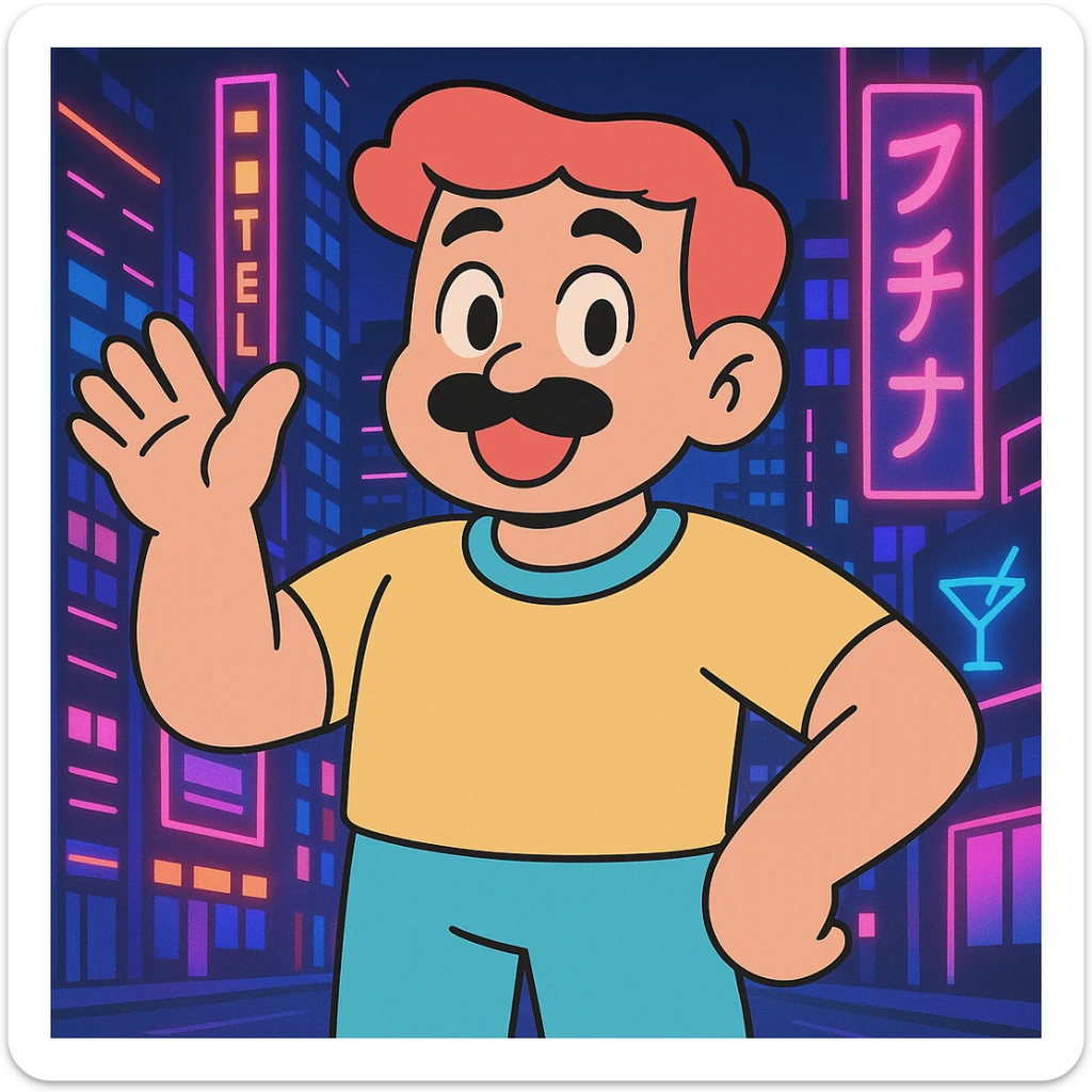 Add a neon city background, keep the 90's anime style and all original colors and lighting sticker