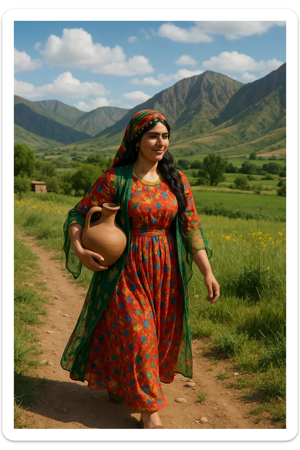 کوردی woman in colorful Kurdish clothes, holding a clay water jug, walking in a rural setting, mountains in background sticker