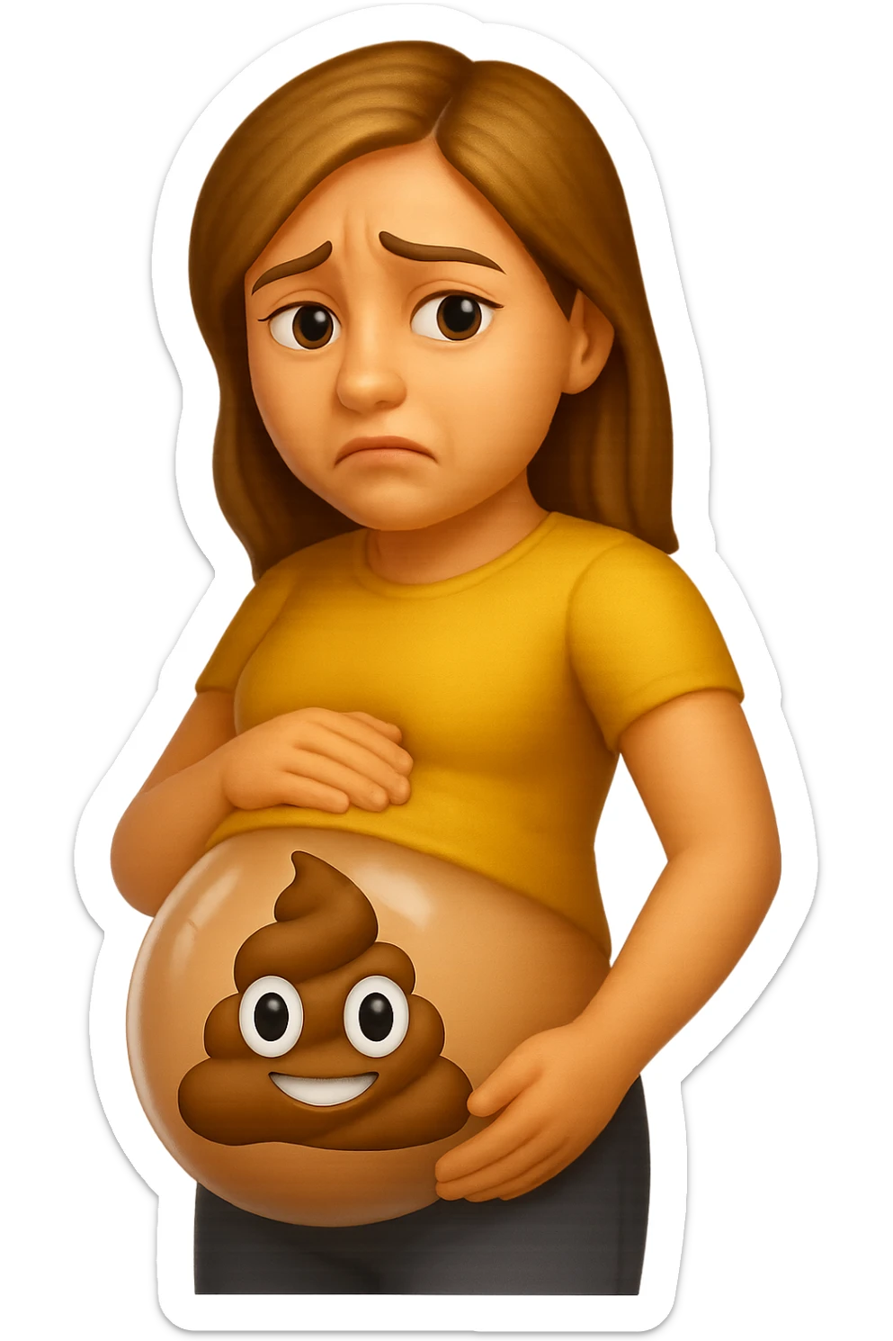emoji stile iphone di una donna con pancia gonfia piena di cacche con gli occhi, iperrealistico 4k sticker