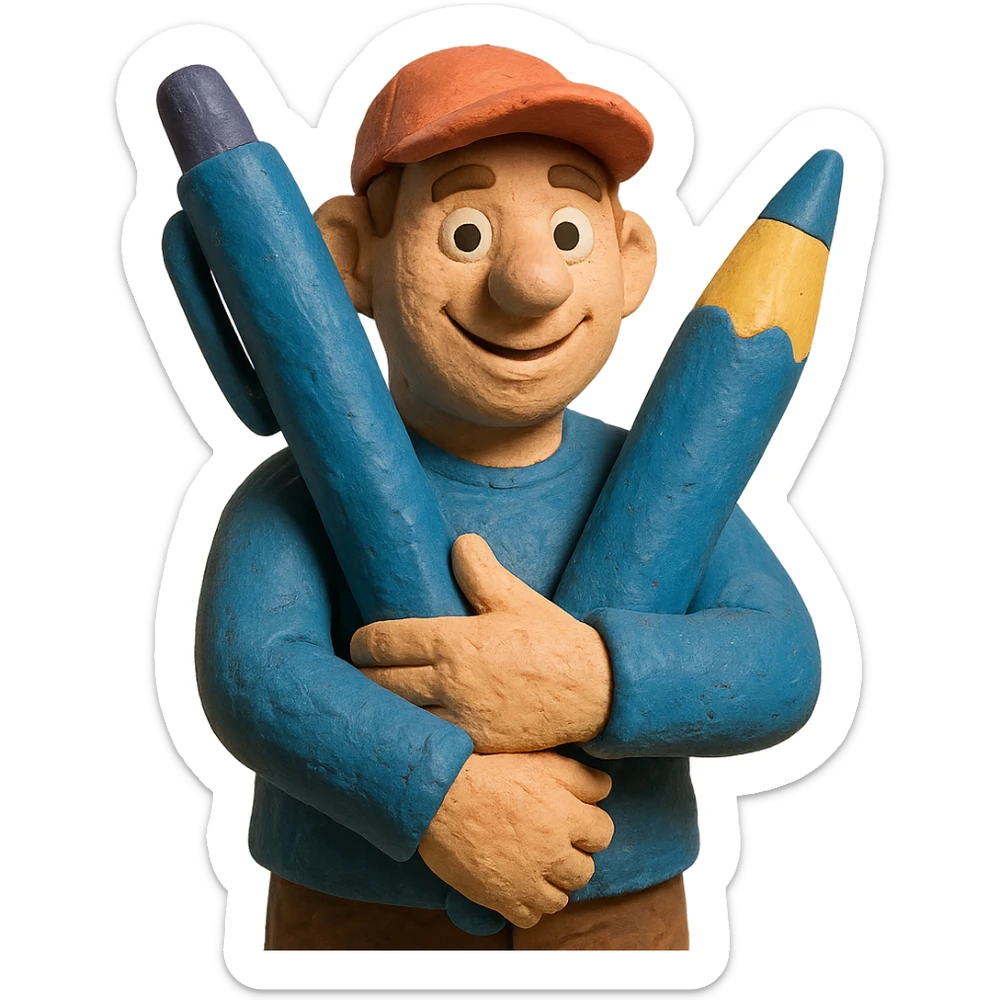 portrait of a positive stalker man wearing a baseball cap, holding a big pen in both arms, friendly expression in claymation style sticker