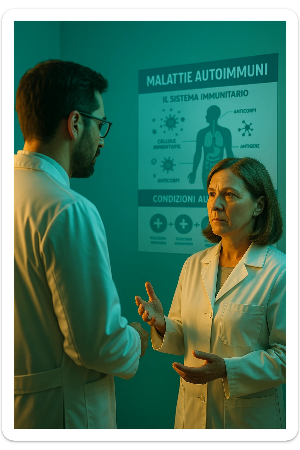Foto tutta in italiano Realistic, detailed photo taken from behind of one doctor e un paziente —a bearded man and a middle-aged woman—standing and facing each other as they discuss an autoimmune disease diagnosis in front of a medical chart that displays information about the immune system and autoimmune conditions. The scene is illuminated by a yellowish, orange, warm light that softly envelops the doctors. The entire room is bathed in a single green-blue color, creating a cohesive and modern atmosphere. Both doctors wear white coats, and their body language suggests a serious, professional conversation about the complexities of autoimmune diseases. Shot with a Canon EOS R5, with high detail and natural depth of field. scritto in italiano sticker
