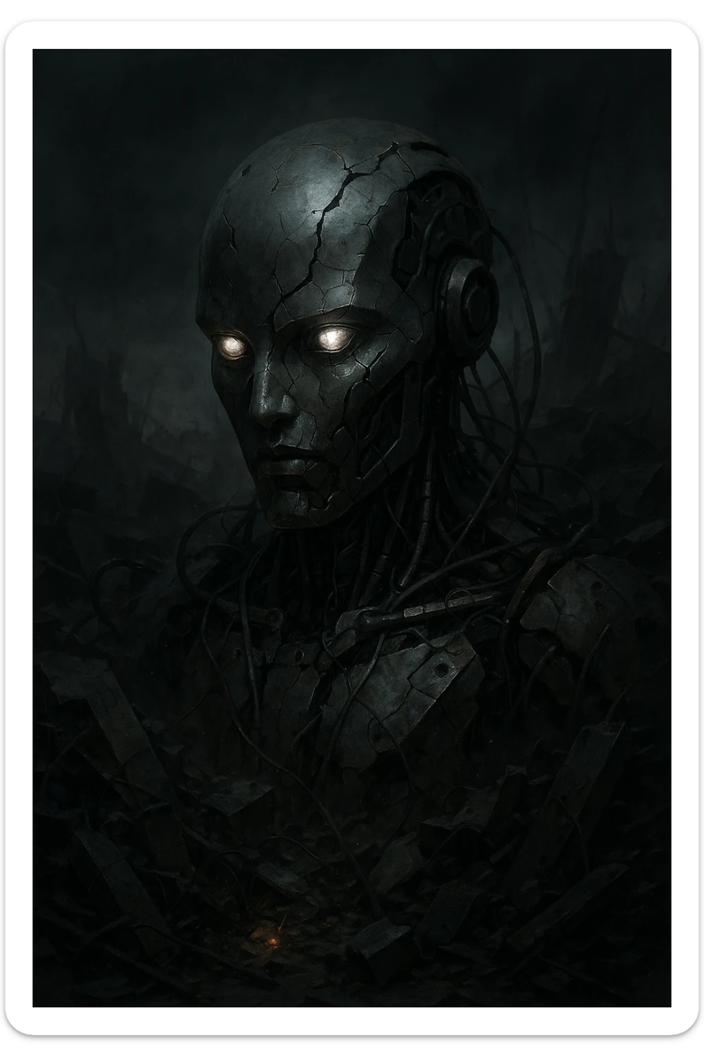 Futuristic AI head emerging from rubble, wires and debris, end-of-the-world vibe sticker