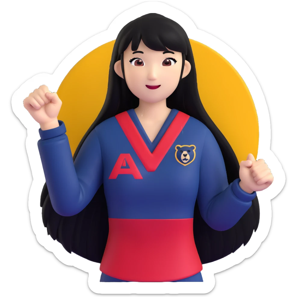 East Asian woman with long black straight hair and bangs wearing Doosan Bears team colors navy blue and red, cheering sticker