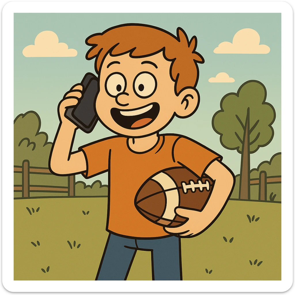 A cheerful cartoon style image of a teenage boy calling a friend to play football in an outdoor scene. sticker