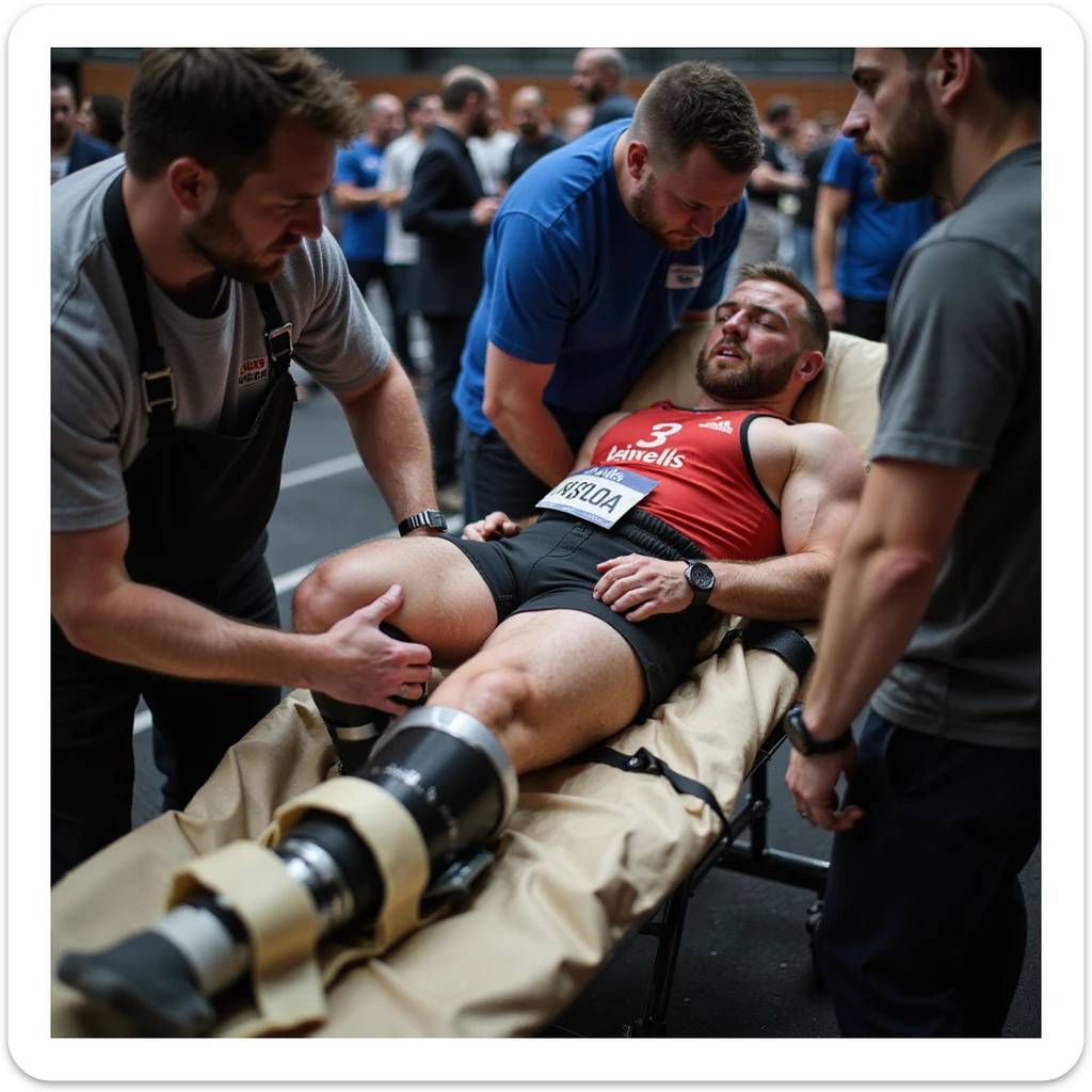 Powerlifter in competition clothing, lying on stretcher, medical staff immobilizing a leg, suffering expression, severe injury atmosphere, realistic details, competition area background. sticker