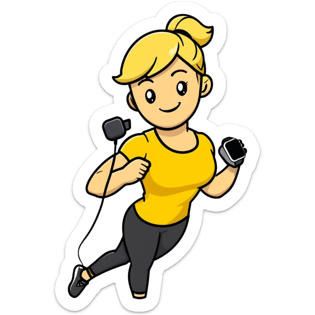 Sporty blonde woman in yellow top and black leggings, showing bicep, smiling, with wireless earbud and Apple Watch sticker