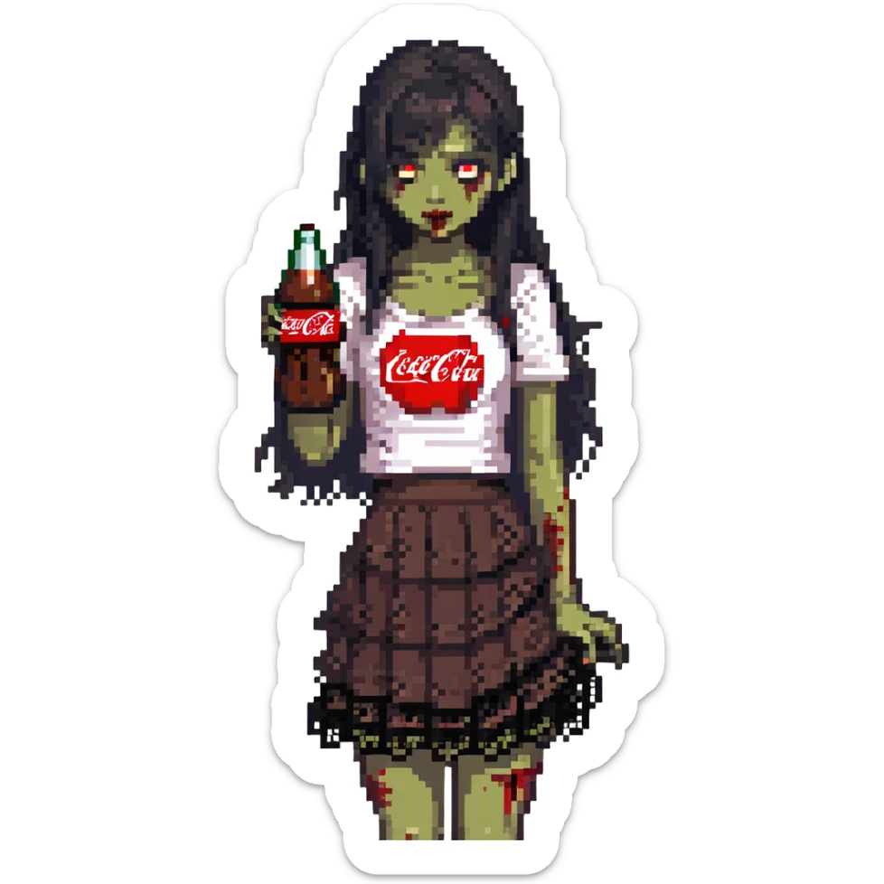 Generate an Asian girl, dark-haired, she's a zombie, wearing a skirt with lace, slightly torn,

Holding a bottle of Coca-Cola in her hands.

Background - a dark street in the style of Gotham City. sticker