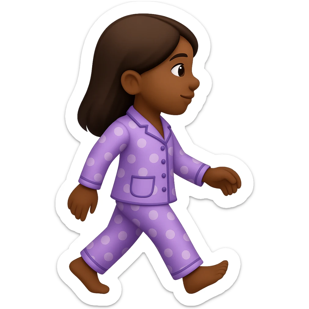 Create an image of a girl walking in pajamas with brown skin in the style of emoji, with no background. The style is emoji but fallback to general for editing as emoji style does not support editing. sticker