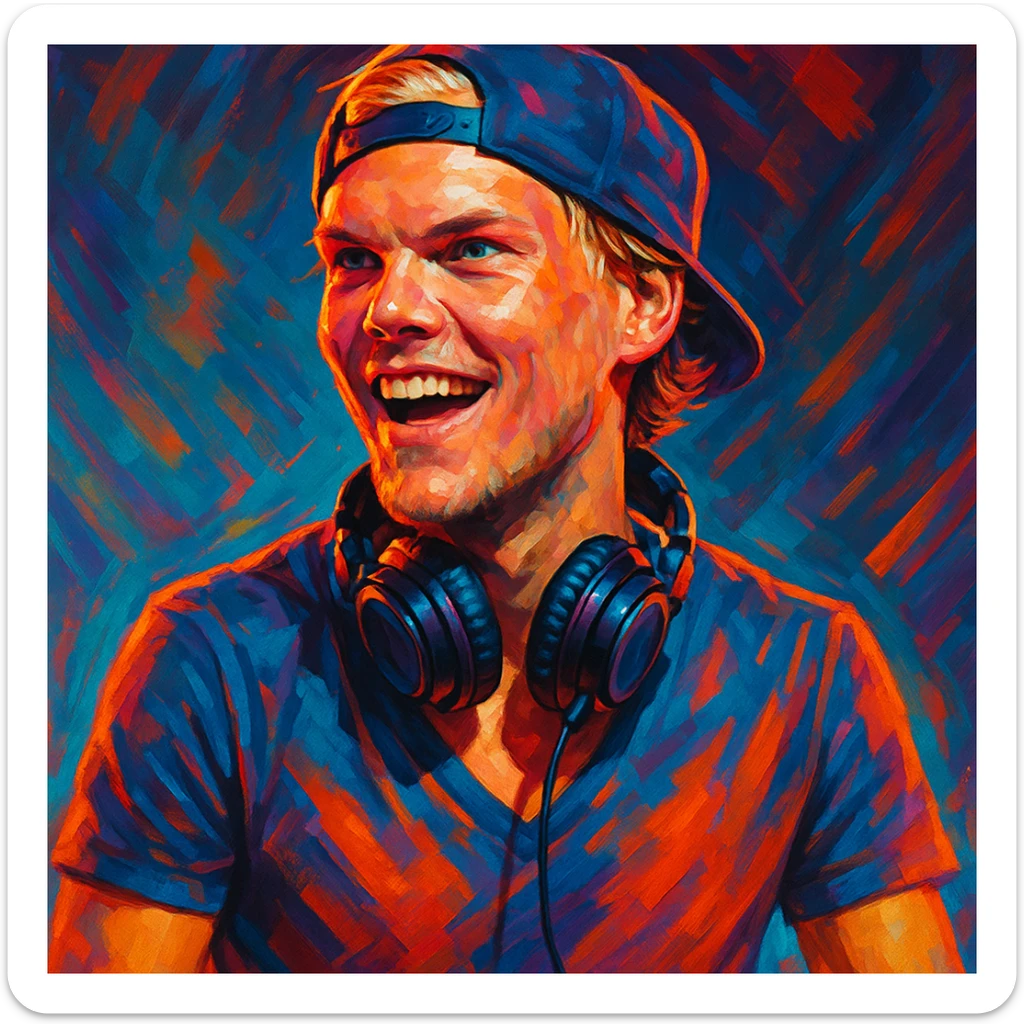 Avicii, iconic DJ and music producer, stylized portrait with headphones, energetic and modern vibe sticker