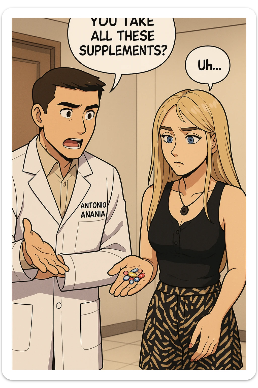 fai un webtoon/manga a colori con questo kinesiologo in camice bianco (fagli la scritta "ANTONIO ANANIA" SUL CAMICE) CHE PARLA CON QUESTA RAGAZZA CON GLI OCCHI AZZURRI. LA RAGAZZA HA UN PUGNO DI INTEGRATORI IN MANO (TANTE PILLOLE DIVERSE) E LE GUARDA DUBBIOSA. IL KINESIOLOGO CON IL CAMICE BIANCO LE DOMANDA UNA COSA SCIOCCATO. NON FARE I FUMETTI, FAI SOLO LORO COME SE DIALOGASSERO sticker