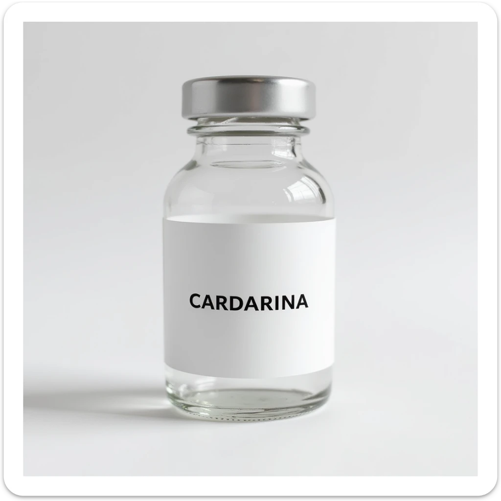 transparent glass vial with cap, white label with the word 'CARDARINA' prominently displayed, hyperrealistic 4K style sticker