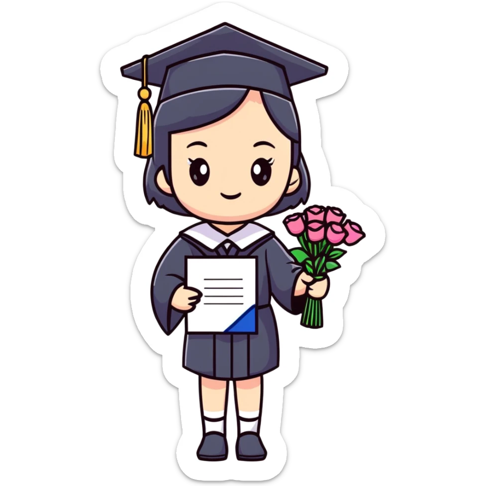 Cute Japanese high school girl in graduation ceremony with bouquet and diploma sticker