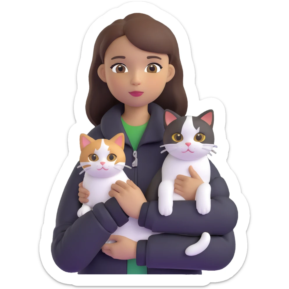 Light-skinned girl with brown straight hair wearing a black jacket, holding one completely white cat and one calico cat sticker