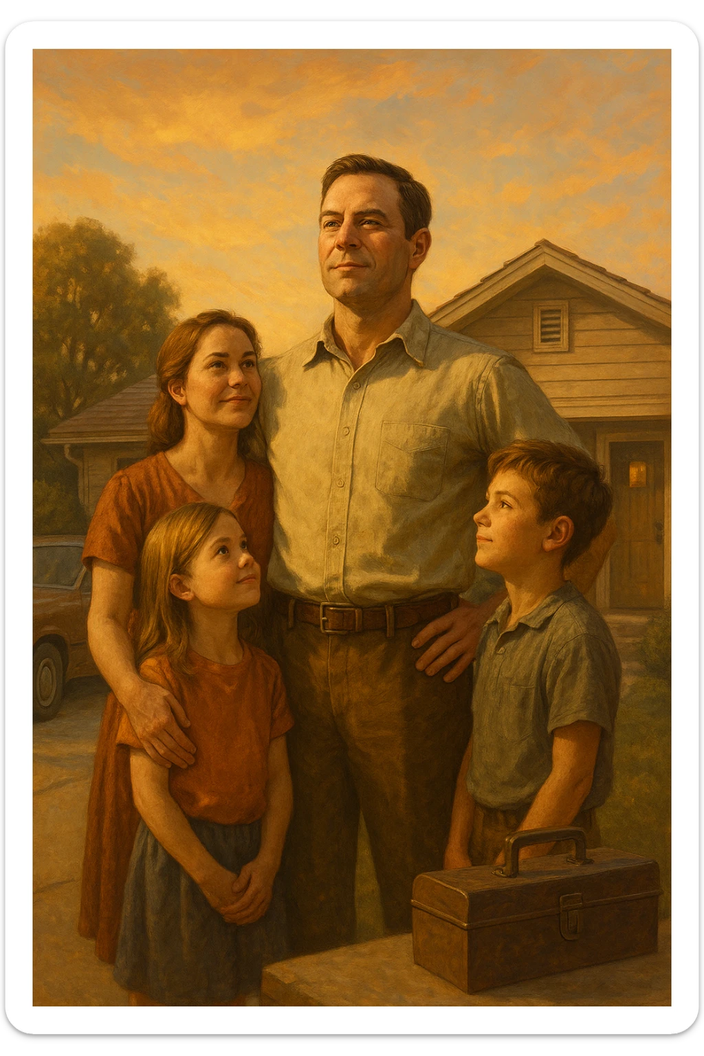 Uomo tra i 35 e i 45 anni, in piedi con postura fiera davanti alla sua casa, circondato dalla famiglia: moglie e figli lo guardano con rispetto e affetto. Indossa abiti semplici ma ordinati, simbolo di lavoro e stabilità (camicia, pantaloni, magari una cassetta degli attrezzi o una valigetta vicino). Sullo sfondo elementi che richiamano i suoi ruoli: casa ordinata, auto familiare, strumenti di lavoro, simboli di protezione e presenza. Espressione serena, forte ma accogliente. Colori caldi, luce naturale del tramonto. Stile realistico, atmosfera rassicurante e simbolica sticker