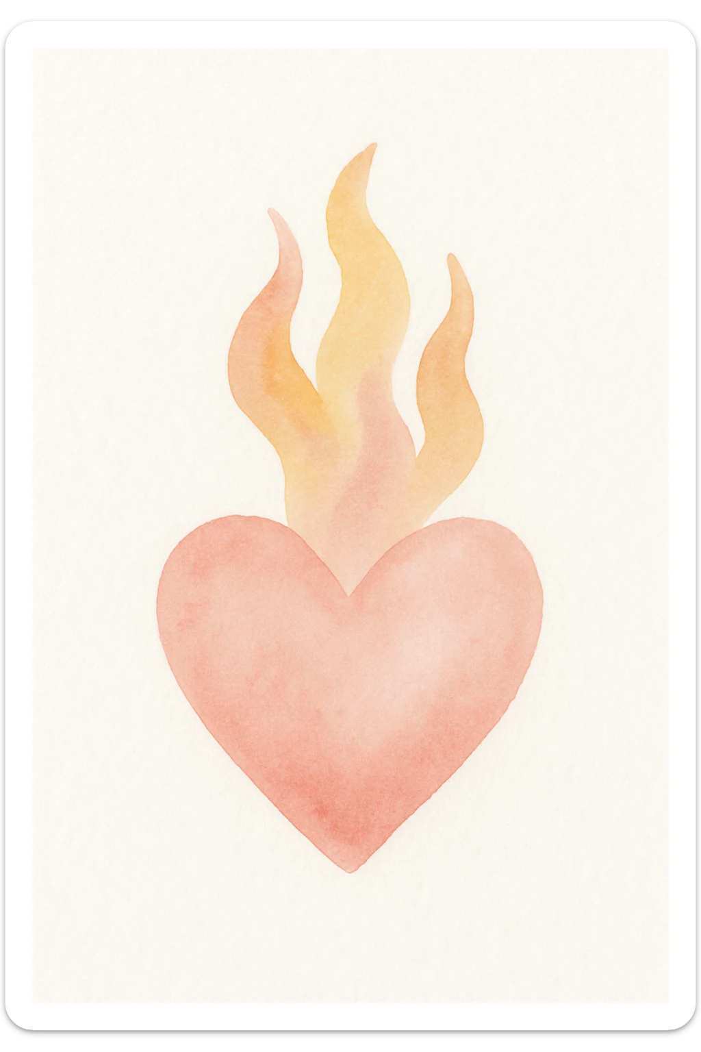 heart with flames of fire in red-orange, yellow, and pink, artistic illustration style sticker
