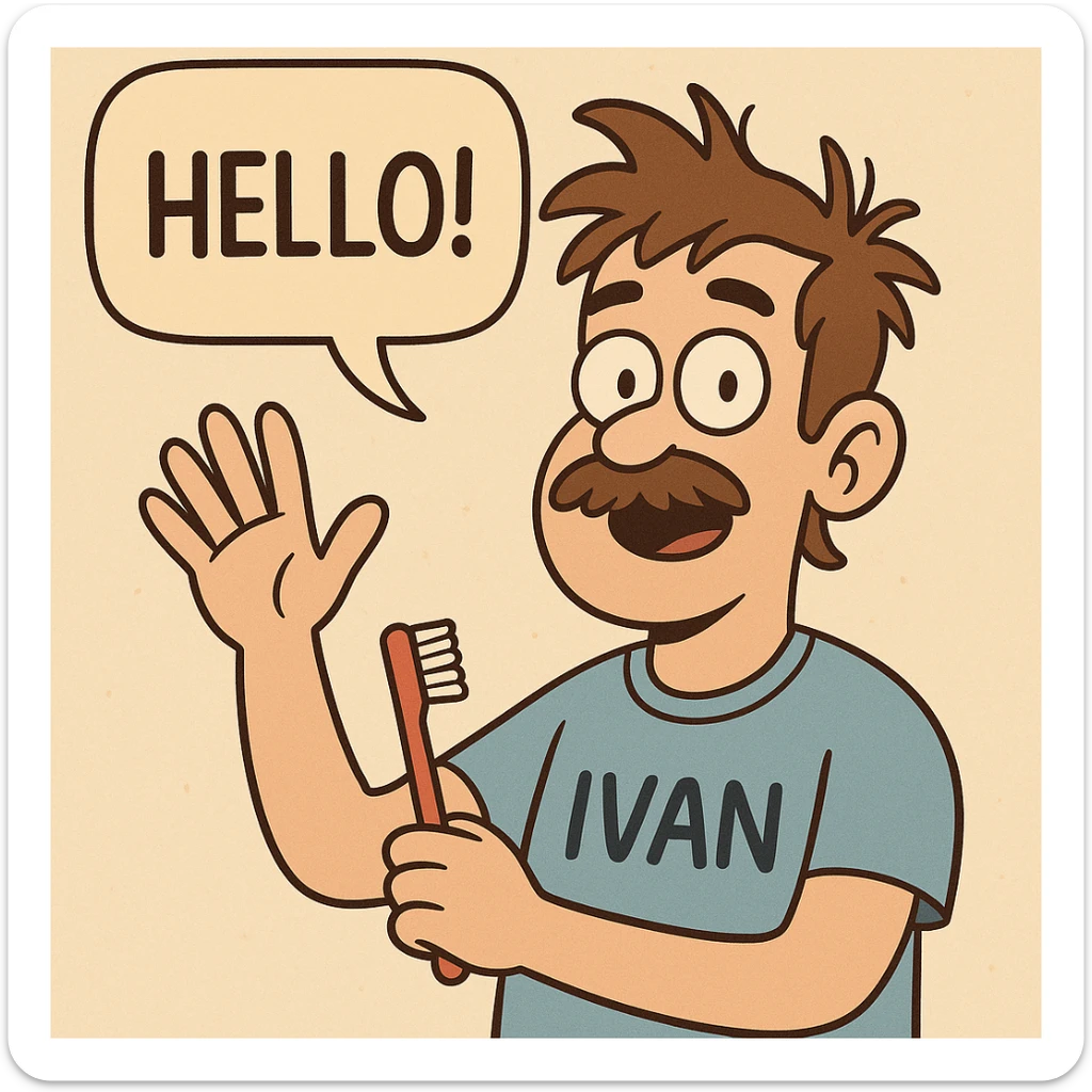 A boy brown mustache Toothbrush Bed Head hair blue ok t-shirt Ivan say hello sticker