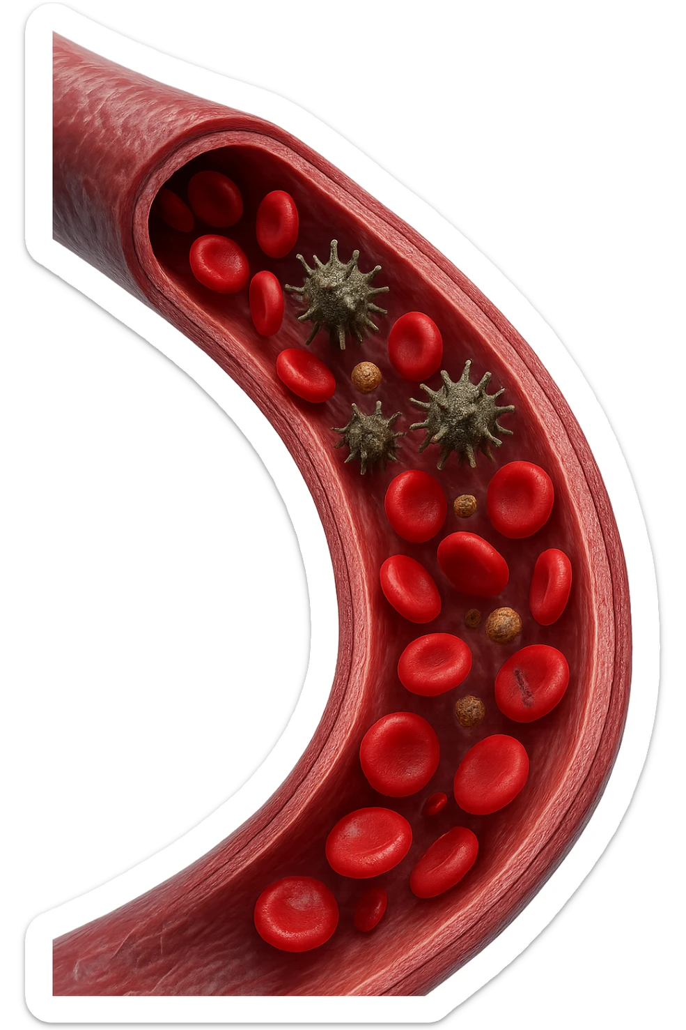 tossine che entrano in una vena umana anatomica realistica, vista dall'alto, iperrealistica 4k sticker