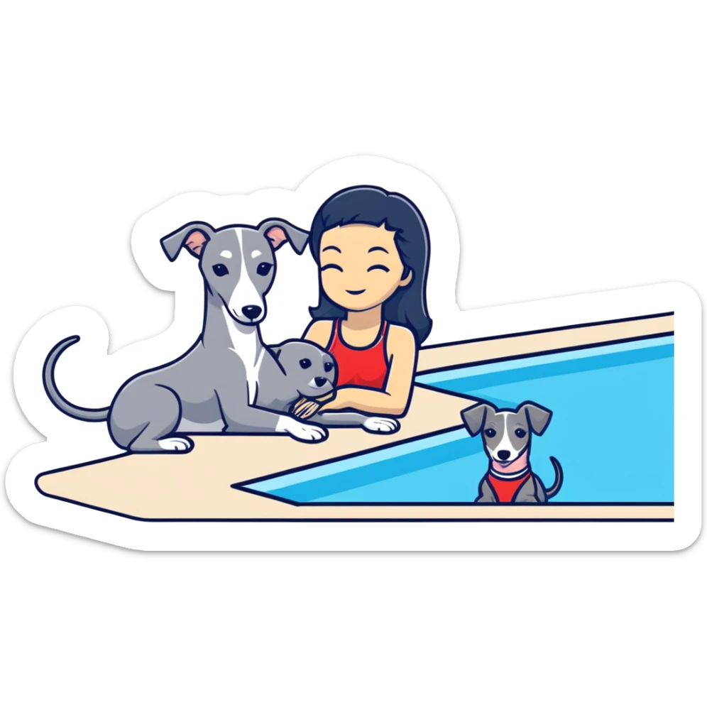 Slim Chinese woman with long black hair in appropriate pool attire relaxing by a swimming pool with her Italian greyhound that is COMPLETELY solid grey, with absolutely NO white markings anywhere, single uniform grey color throughout entire dog body sticker
