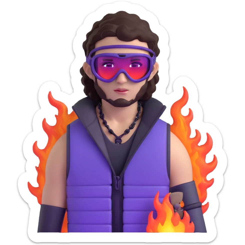 close-up of bad guy male athlete with white skin and moderately curly dark brown hair on top with shaved sides, wearing ski goggles with purple frames and very dark black lenses, a simple plain black chain necklace, and a completely unzipped sleeveless vest with purple and black sequin fire pattern design with no logo, with an extremely arrogant sneer on his face, looking menacing and villainous, exuding overconfidence and a threatening aura sticker