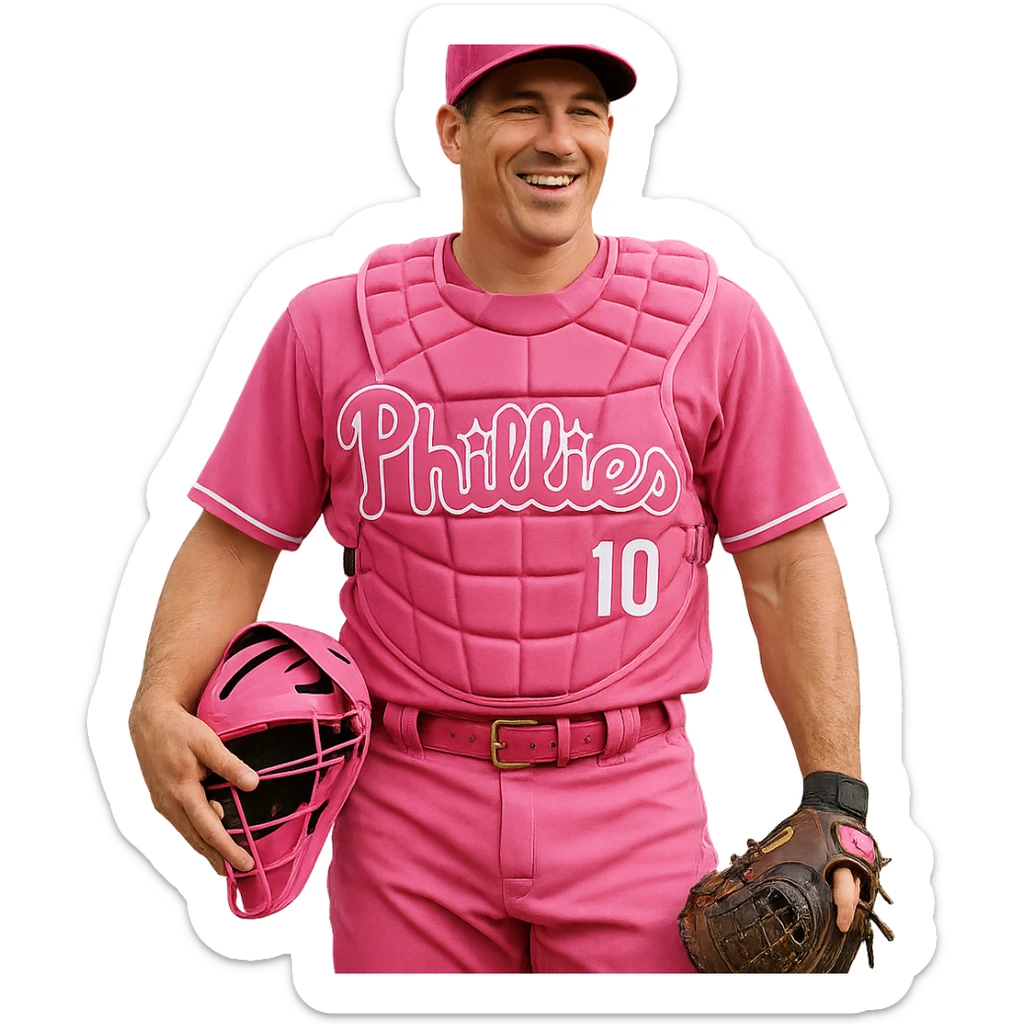 J.T. Realmuto wearing an all pink baseball uniform for Mother's Day, realistic details, baseball gear, cheerful expression sticker