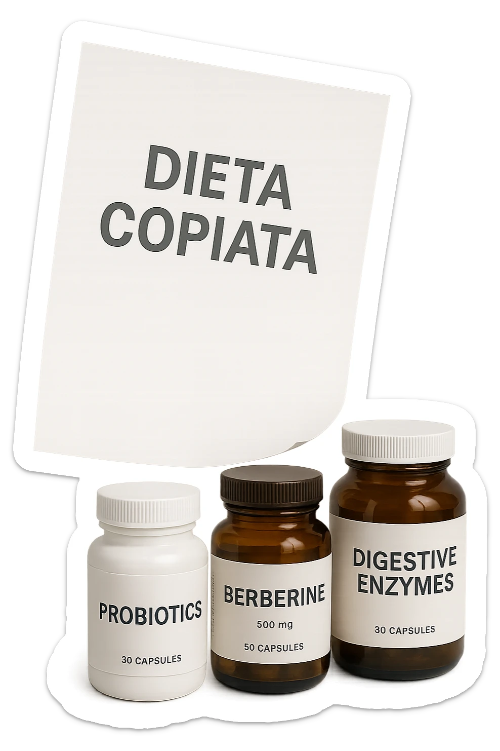 FOGLIO DI CARTA FLUTTUA IN ARIA CON LA SCRITTA "DIETA COPIATA", INSIEME A BARATTOLI DI INTEGRATORI PER CURARE IL SIBO, IPERREALISTICO 4K, NON DISEGNATO sticker