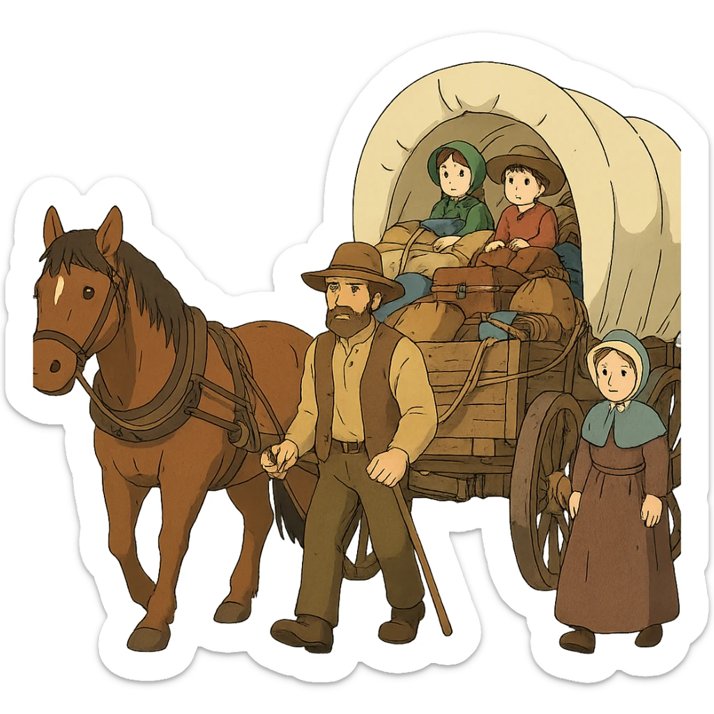 A poor American pioneer family in the 1840s setting out with a horse and wagon stuffed with their belongings to migrate to the American West. sticker