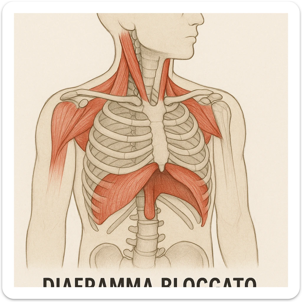 illustrazione con focus sul diaframma bloccato, muscoli del collo e scapole in secondo piano ma evidenziati, didascalia in italiano sticker