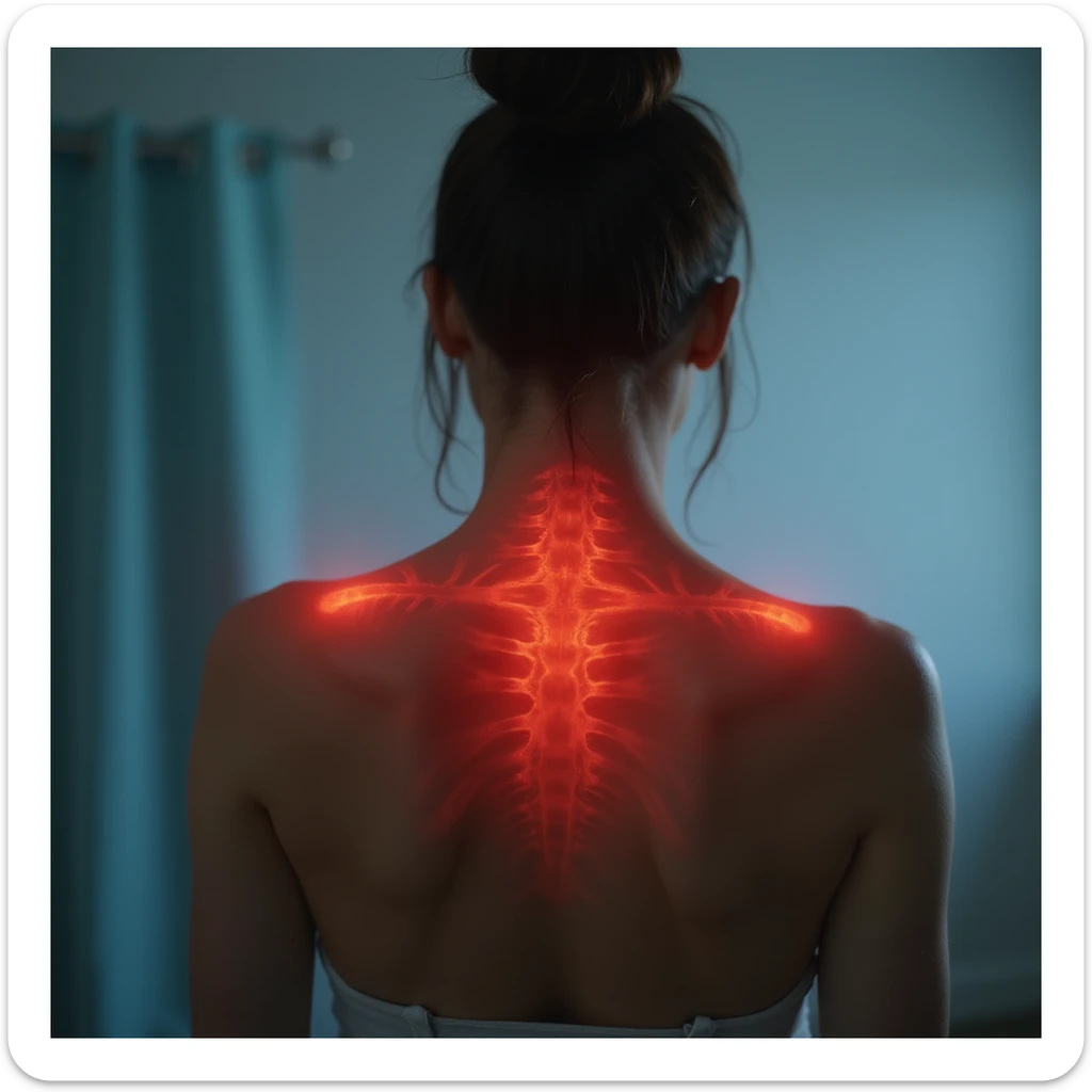 hyperrealistic 4K image of a woman seen from behind with red and inflamed shoulder blades, red skin between and above the shoulder blades, clinical environment, variant 1 sticker