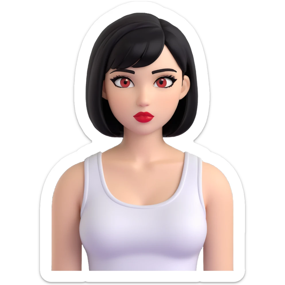 A pretty girl with black straight bob hair. She has hazel eyes with black eyeliner. She has plump red lips. She is wearing a white tank top sticker
