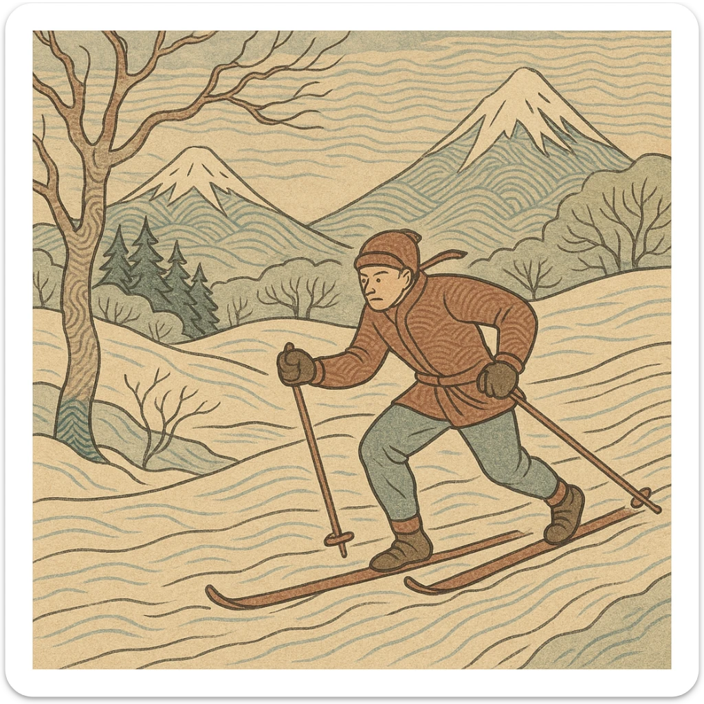 cross-country skier in ukiyo-e style, traditional Japanese woodblock print look, flowing lines, winter landscape sticker