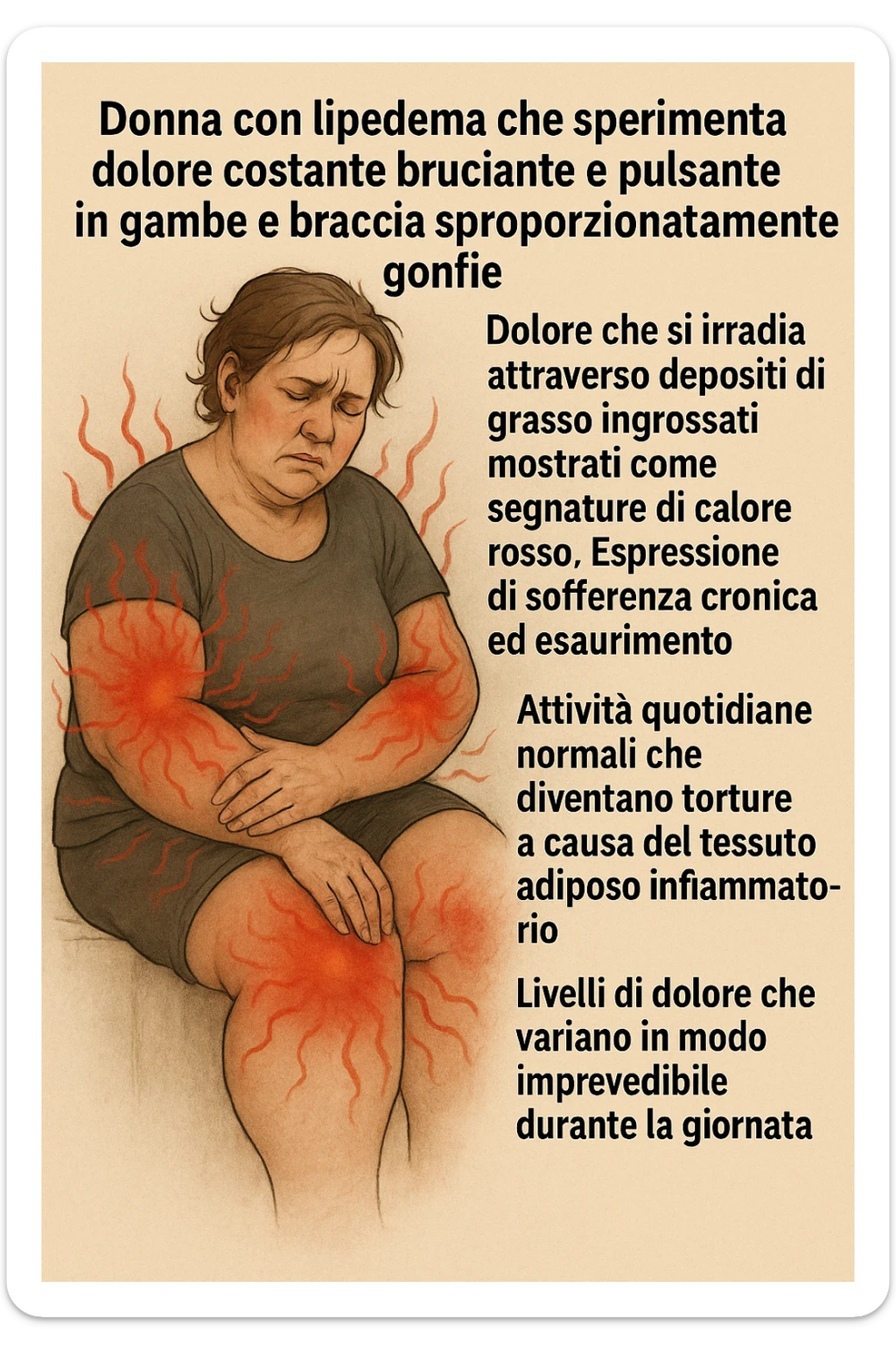 "Woman with lipedema experiencing constant burning and aching pain in disproportionately swollen legs and arms, pain radiating through enlarged fat deposits shown as red heat signatures, expression of chronic suffering and exhaustion, normal daily activities becoming torture due to inflammatory adipose tissue, pain levels fluctuating unpredictably throughout the day" scritte in italiano sticker
