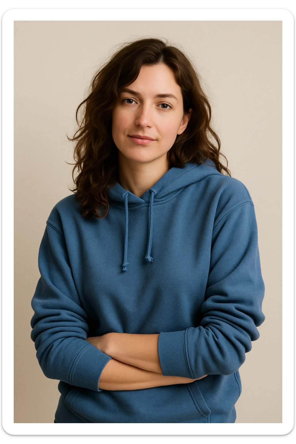 white woman, brown wavy hair, blue hoodie, casual pose, minimal background sticker