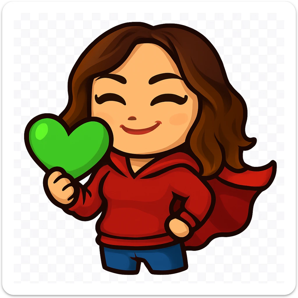 Sticker style chibi emote, matching the attached green heart emote as a base, but with a slightly skinnier body and a bigger chest. Woman from reference, red hoodie and blue jeans, superhero cape pose, cute heroic face, no headband, no wand, transparent background. Top color should not match jeans. sticker