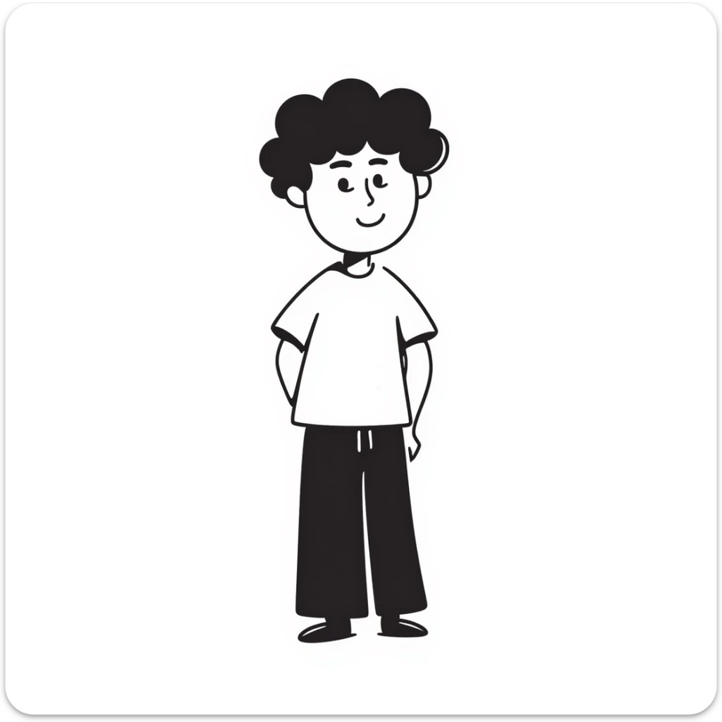 Teenage boy with messy curly hair, casual t-shirt, slight smile sticker