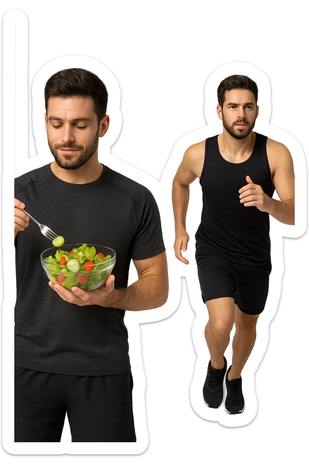 UOMO FITNESS CHE MANGIA INSALATA ACCANTO A UOMO FITNESS CHE CORRE IN POSA FRONTALE sticker